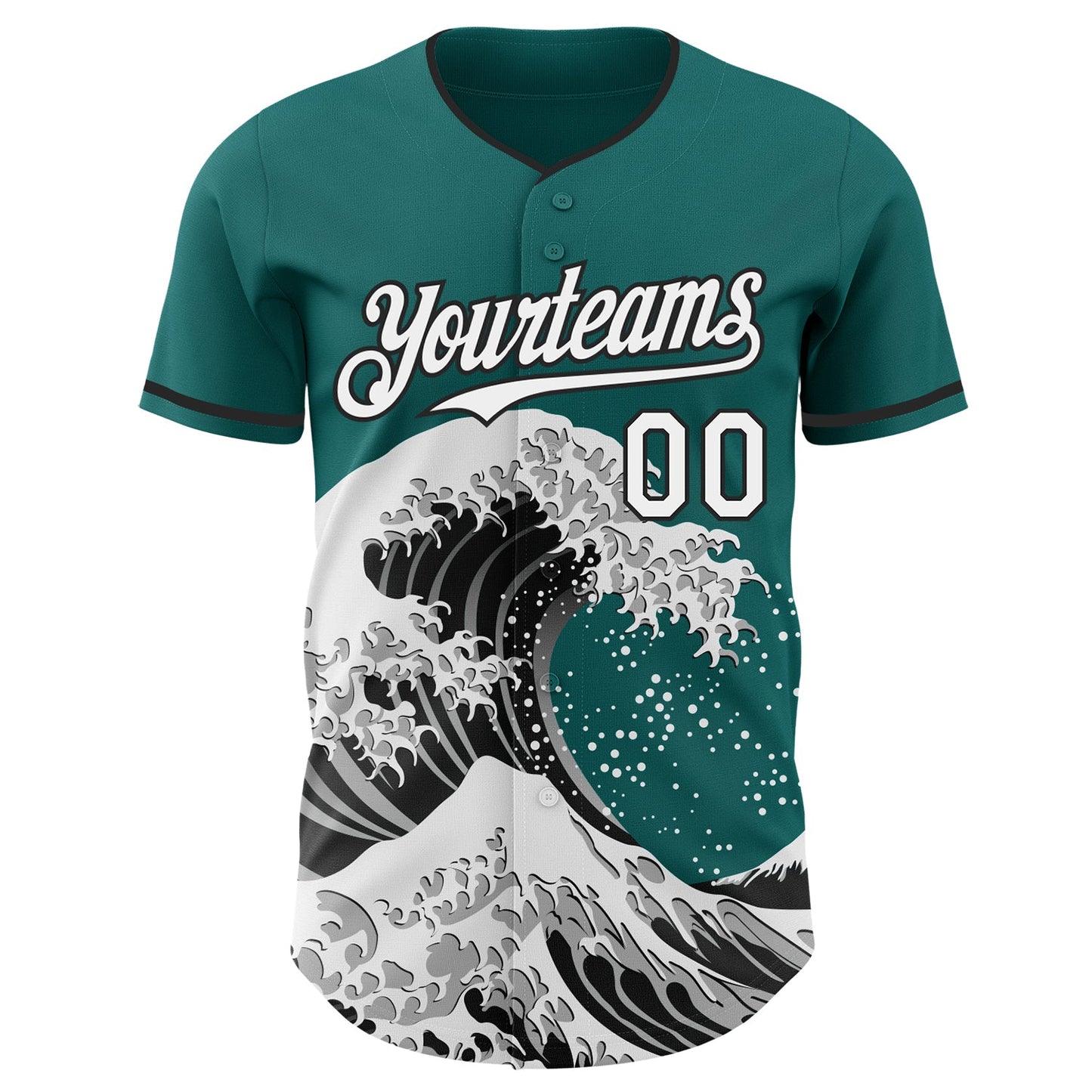 Custom Teal White-Black Japanese Wave Authentic Baseball Jersey view 3