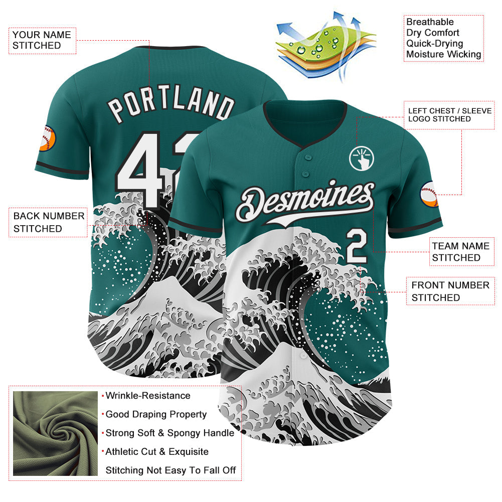 Custom Teal White-Black Japanese Wave Authentic Baseball Jersey view 4