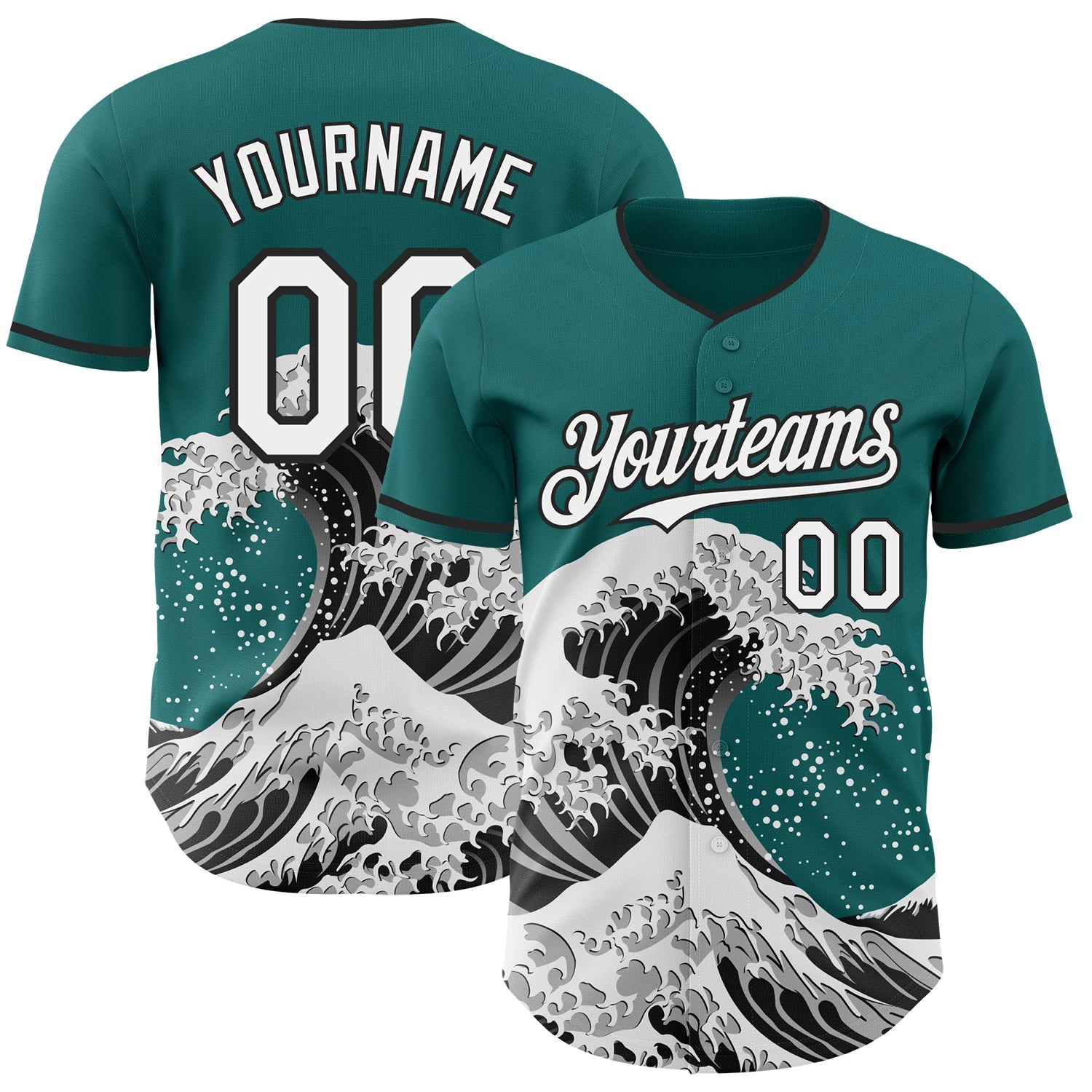 Custom Teal White-Black Japanese Wave Authentic Baseball Jersey - Main View