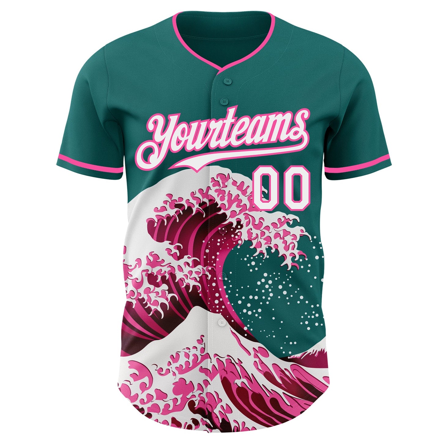 Custom Teal White-Pink Japanese Wave Authentic Baseball Jersey view 3
