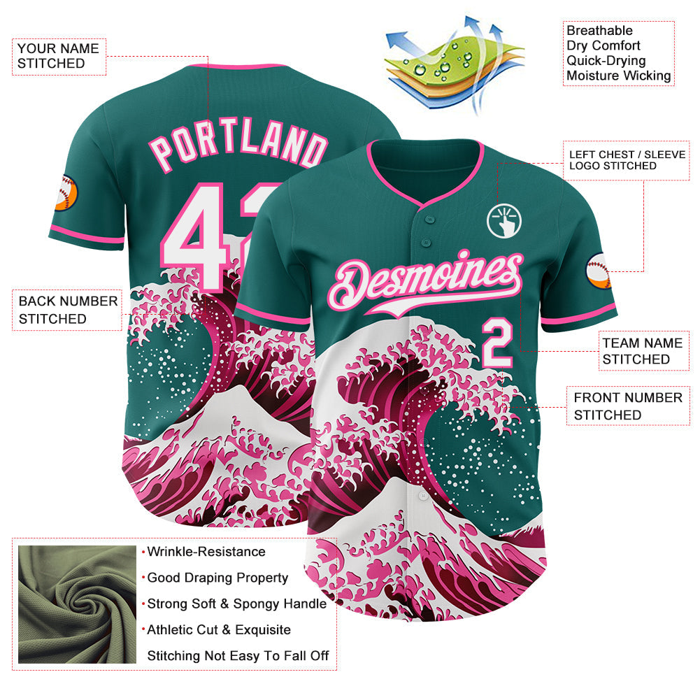 Custom Teal White-Pink Japanese Wave Authentic Baseball Jersey view 4
