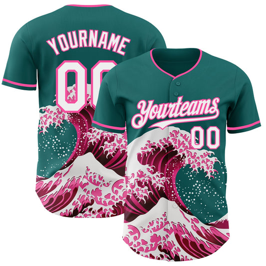 Custom Teal White-Pink Japanese Wave Authentic Baseball Jersey - Main View