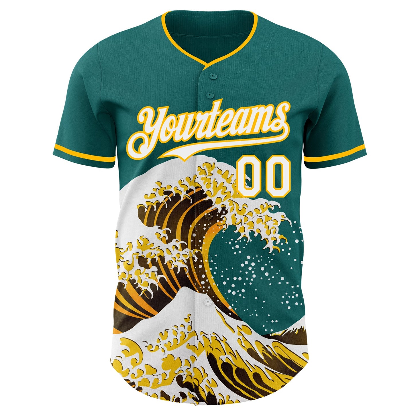 Custom Teal White-Gold Japanese Wave Authentic Baseball Jersey view 3