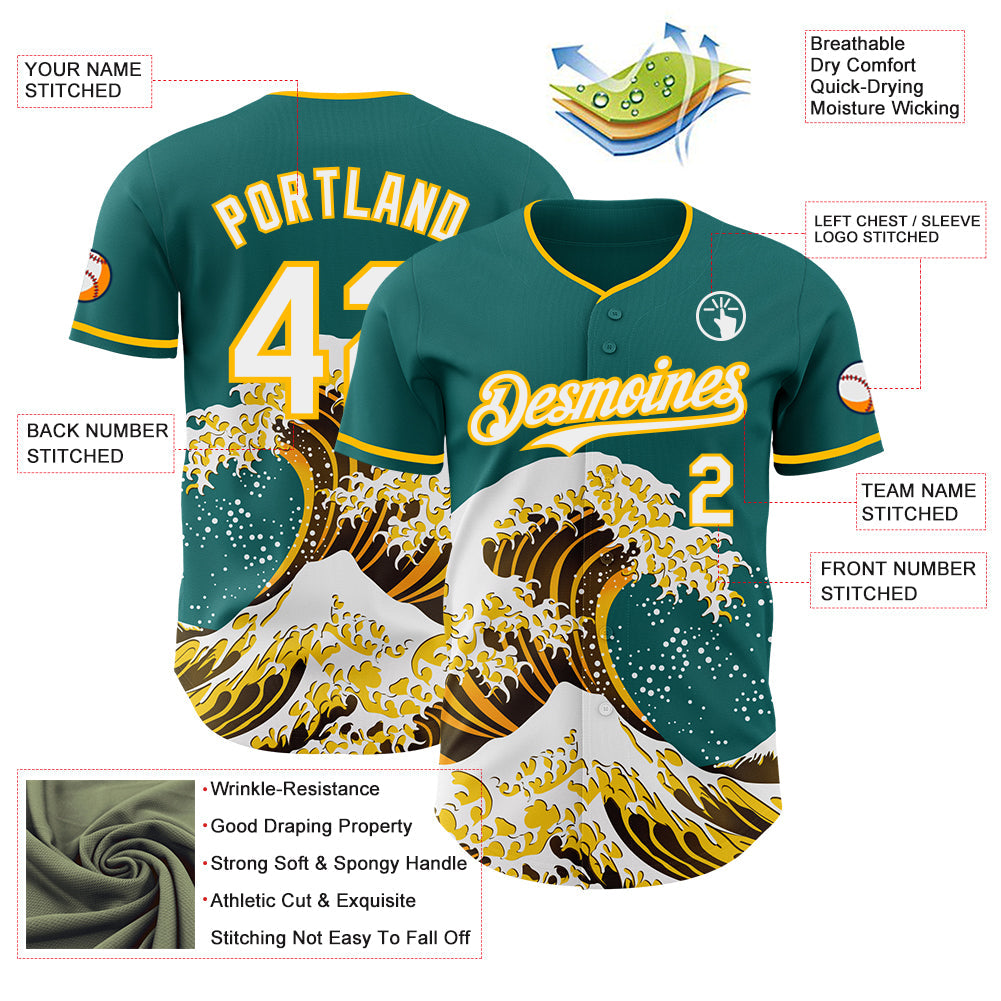 Custom Teal White-Gold Japanese Wave Authentic Baseball Jersey view 4