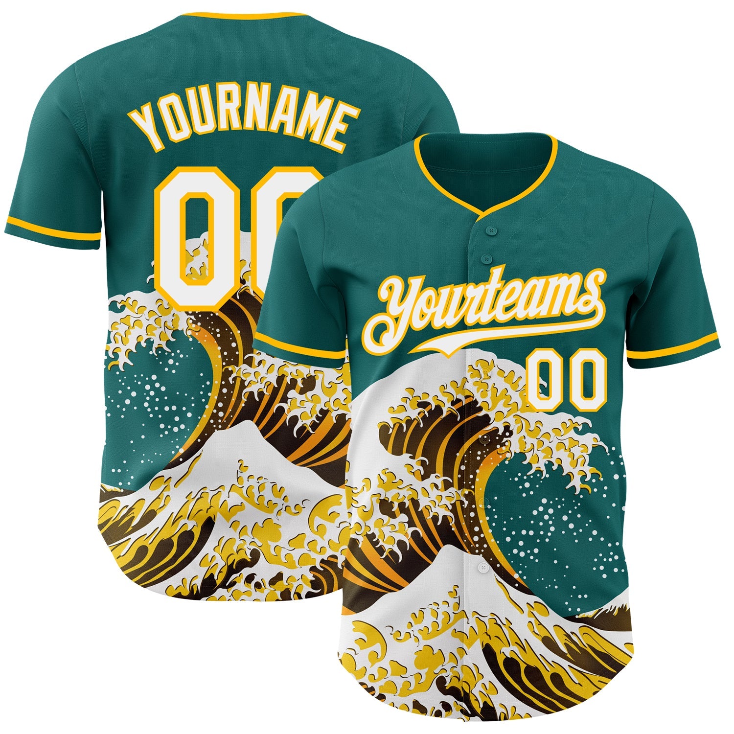 Custom Teal White-Gold Japanese Wave Authentic Baseball Jersey - Main View