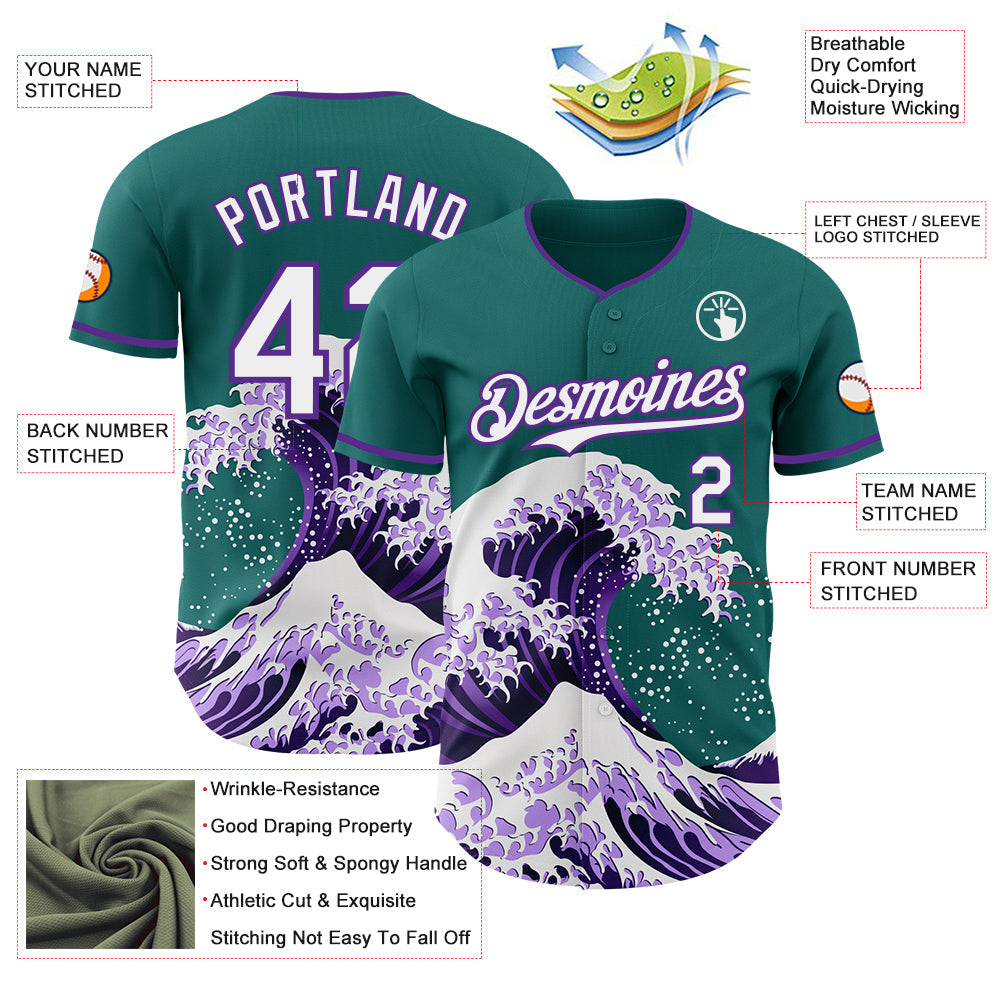 Custom Teal White-Purple Japanese Wave Authentic Baseball Jersey view 4