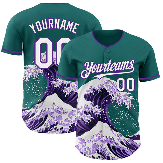 Custom Teal White-Purple Japanese Wave Authentic Baseball Jersey - Main View