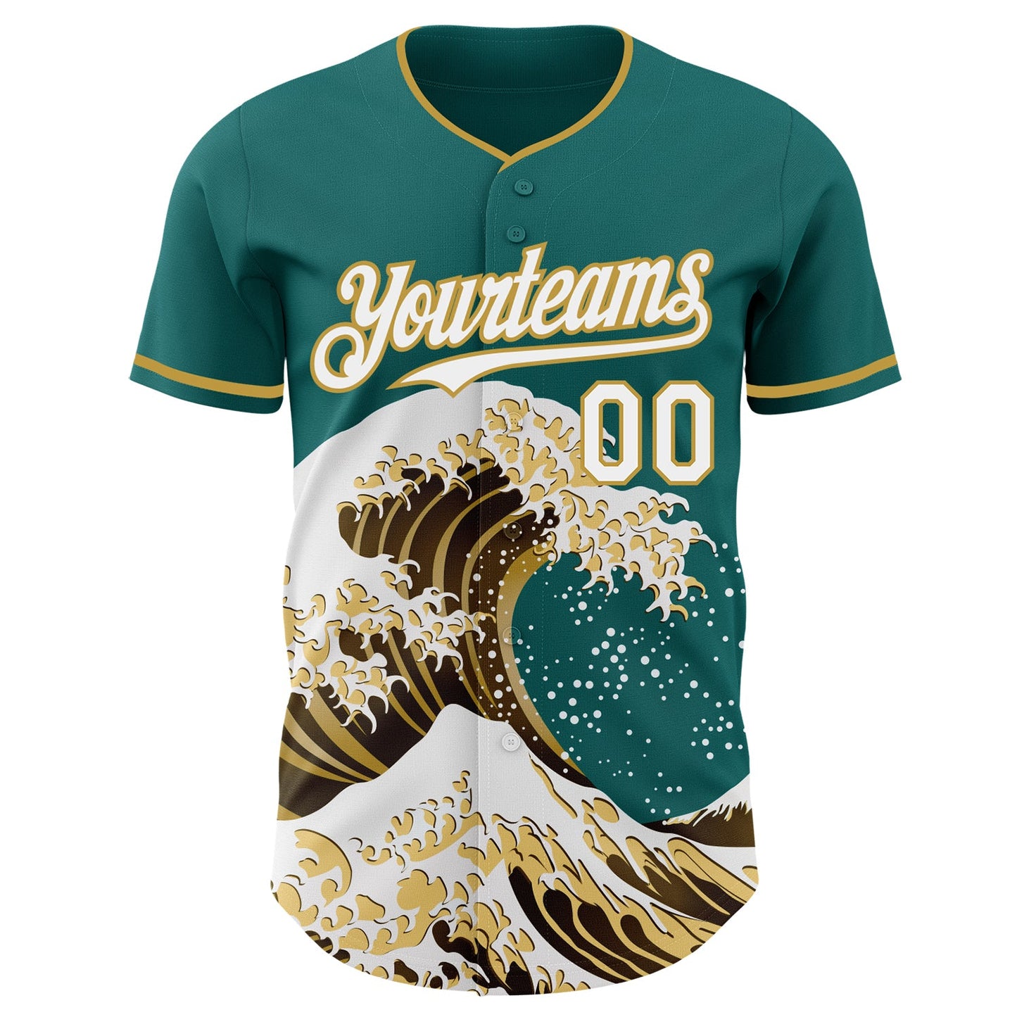 Custom Teal White-Old Gold Japanese Wave Authentic Baseball Jersey view 3