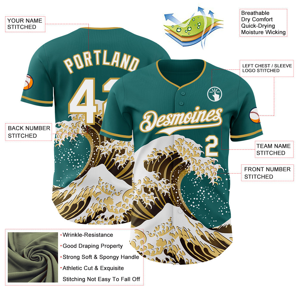 Custom Teal White-Old Gold Japanese Wave Authentic Baseball Jersey view 4
