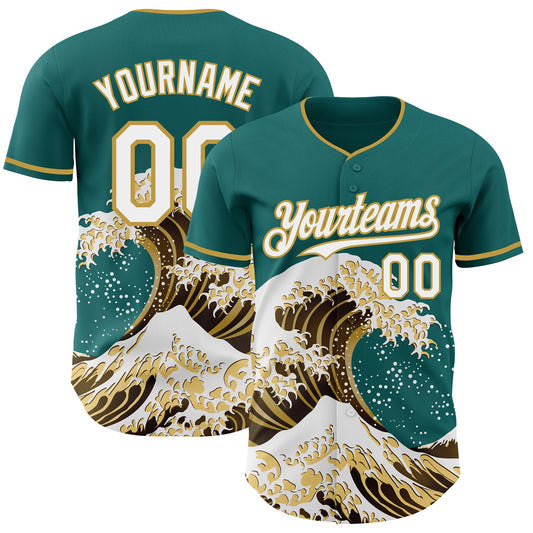 Custom Teal White-Old Gold Japanese Wave Authentic Baseball Jersey - Main View