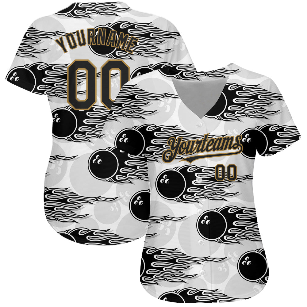 Custom White Black-Old Gold 3D Pattern Design Bowling Ball With Hotrod Flame Authentic Baseball Jersey view 2