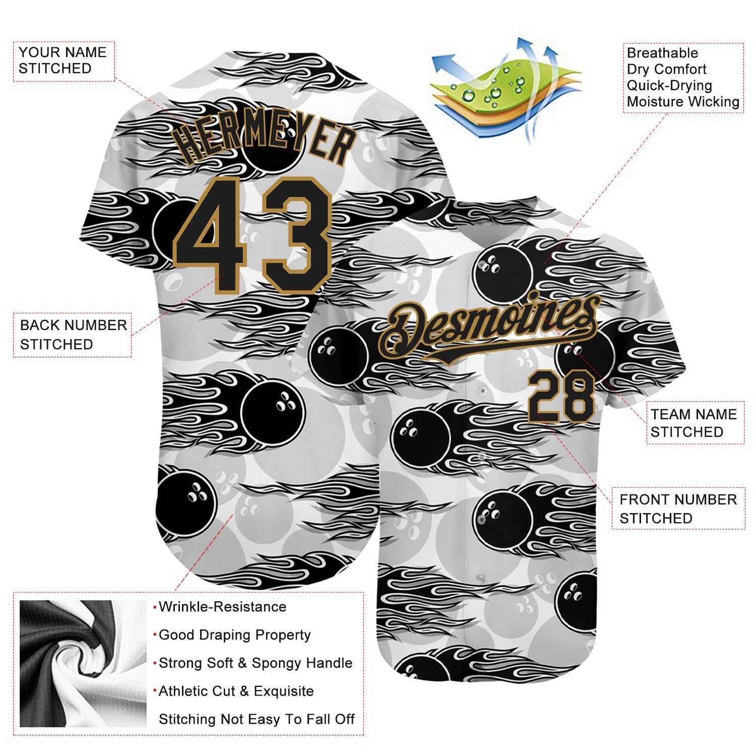 Custom White Black-Old Gold 3D Pattern Design Bowling Ball With Hotrod Flame Authentic Baseball Jersey view 3