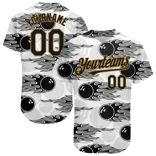 Custom White Black-Old Gold 3D Pattern Design Bowling Ball With Hotrod Flame Authentic Baseball Jersey - Main View