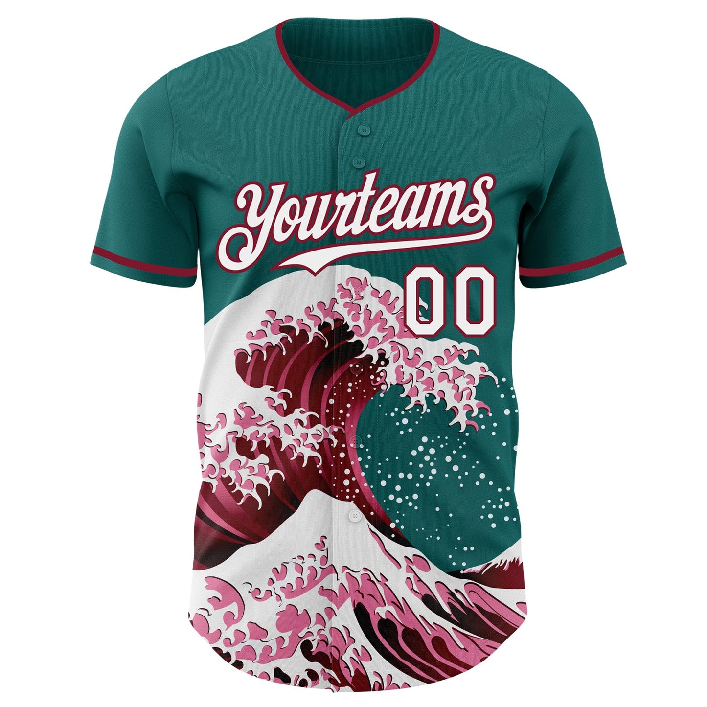 Custom Teal White-Crimson Japanese Wave Authentic Baseball Jersey view 3