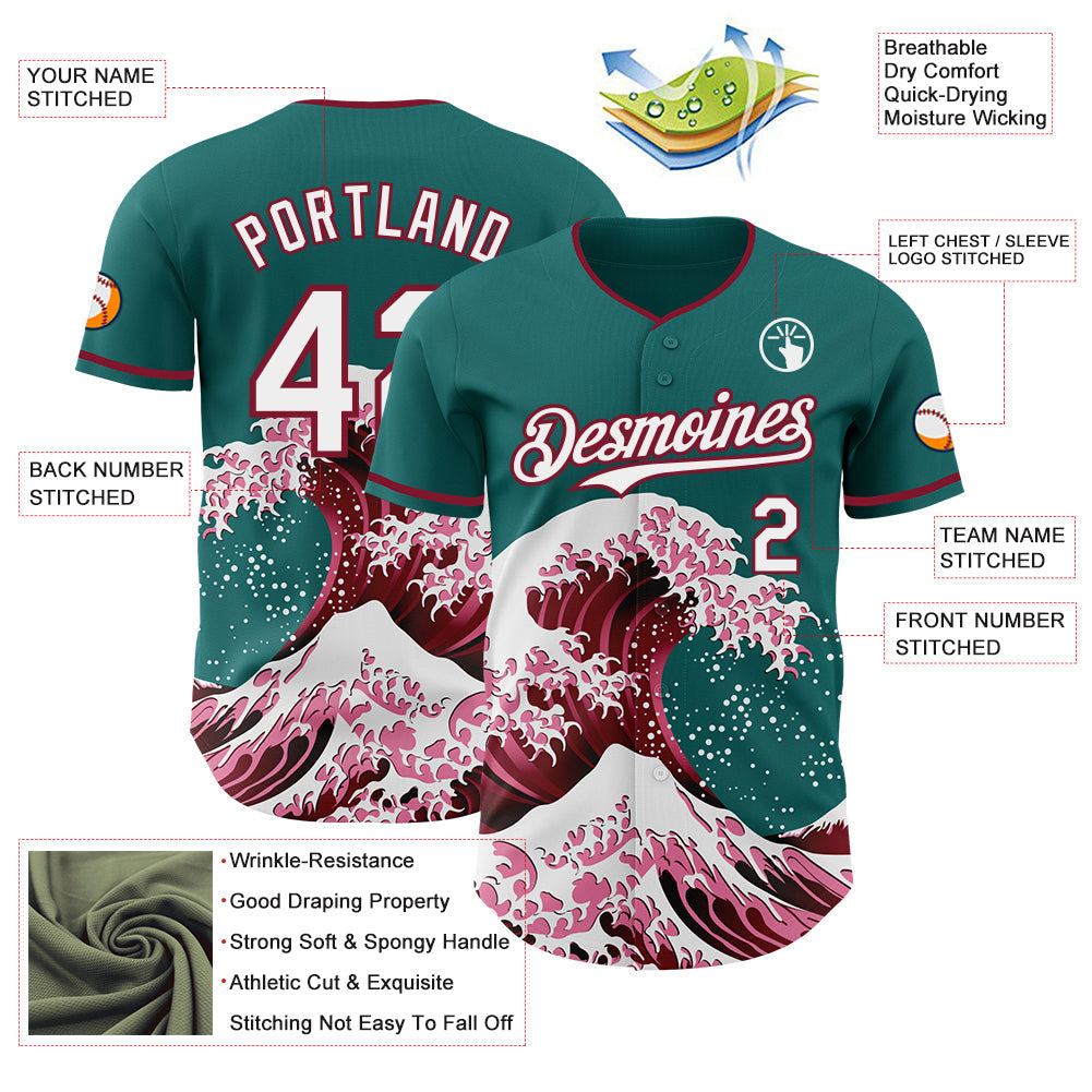 Custom Teal White-Crimson Japanese Wave Authentic Baseball Jersey view 4
