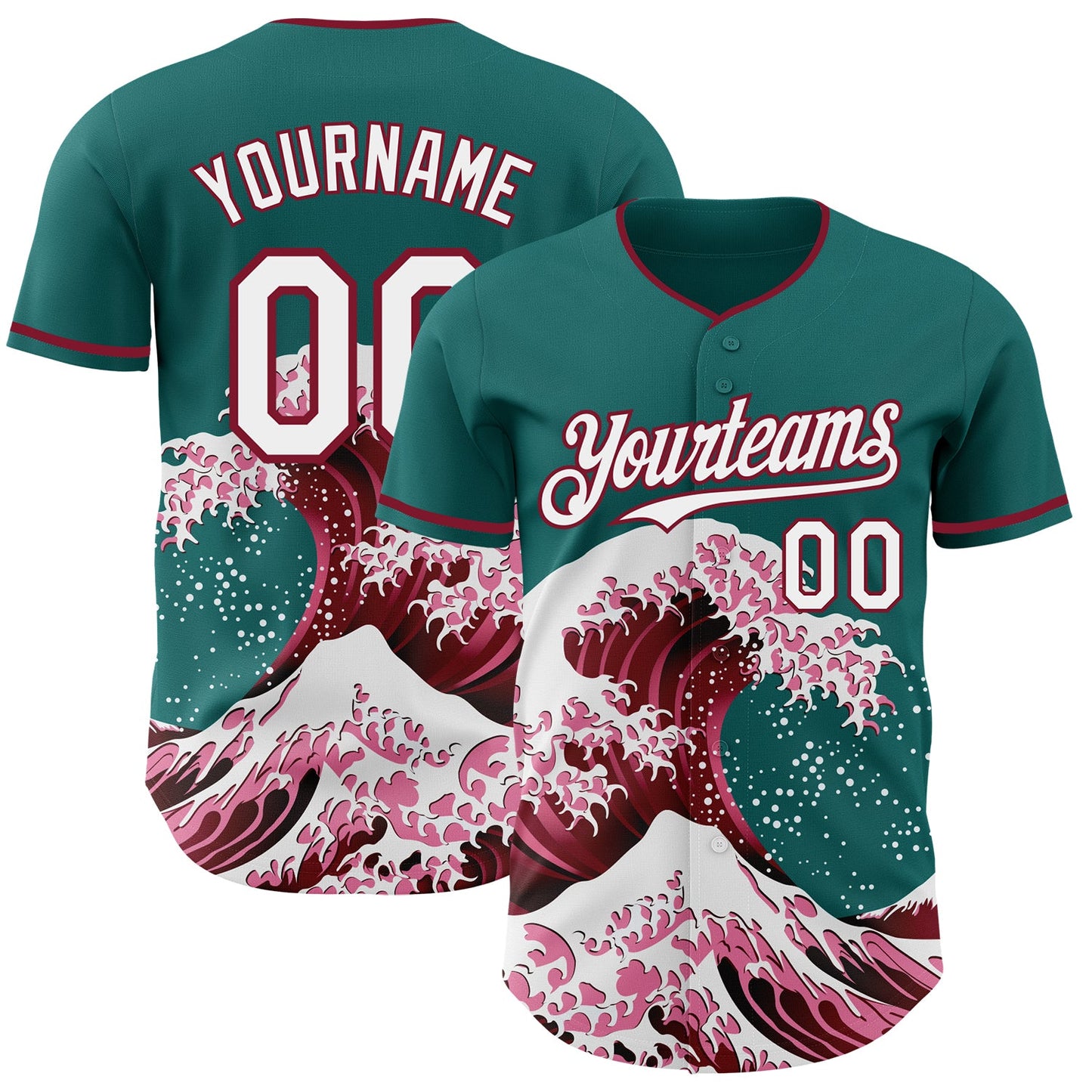 Custom Teal White-Crimson Japanese Wave Authentic Baseball Jersey - Main View