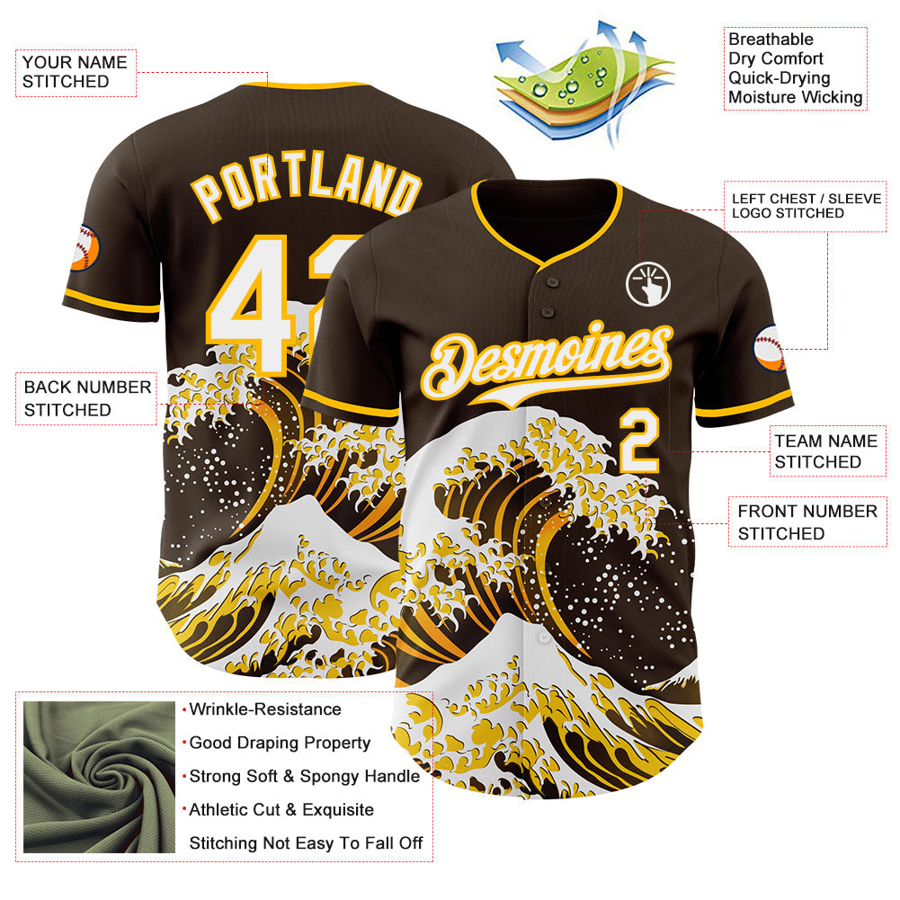 Custom Brown White-Gold Japanese Wave Authentic Baseball Jersey view 4