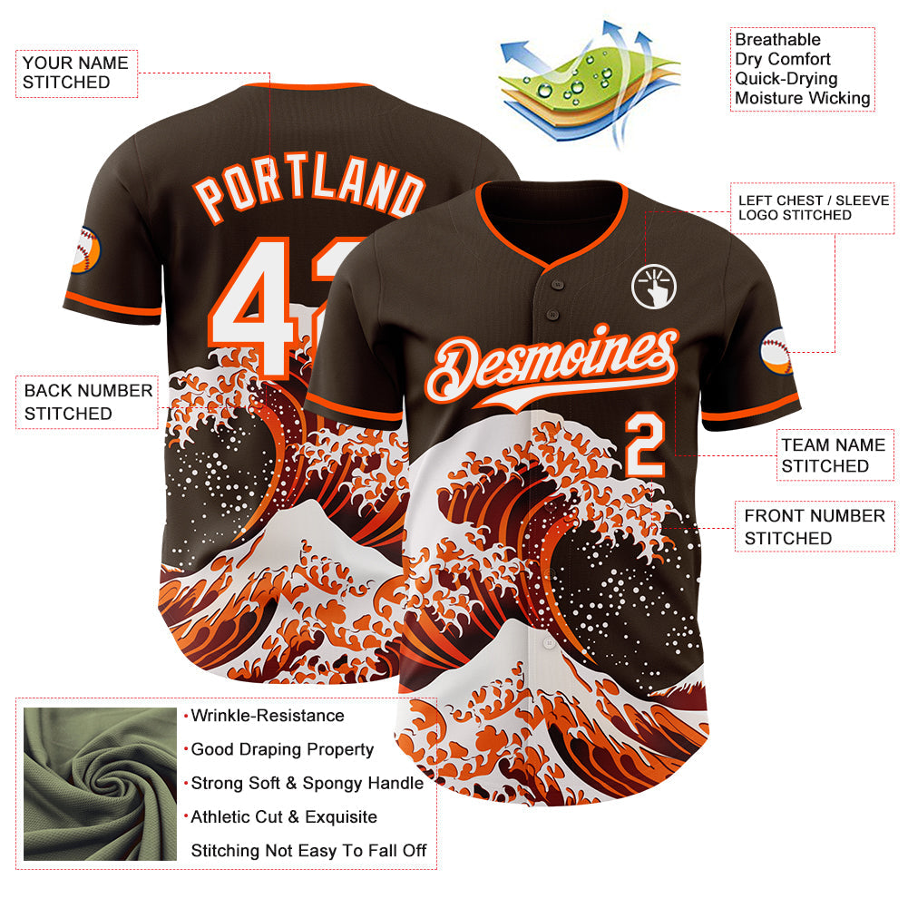 Custom Brown White-Orange Japanese Wave Authentic Baseball Jersey view 4