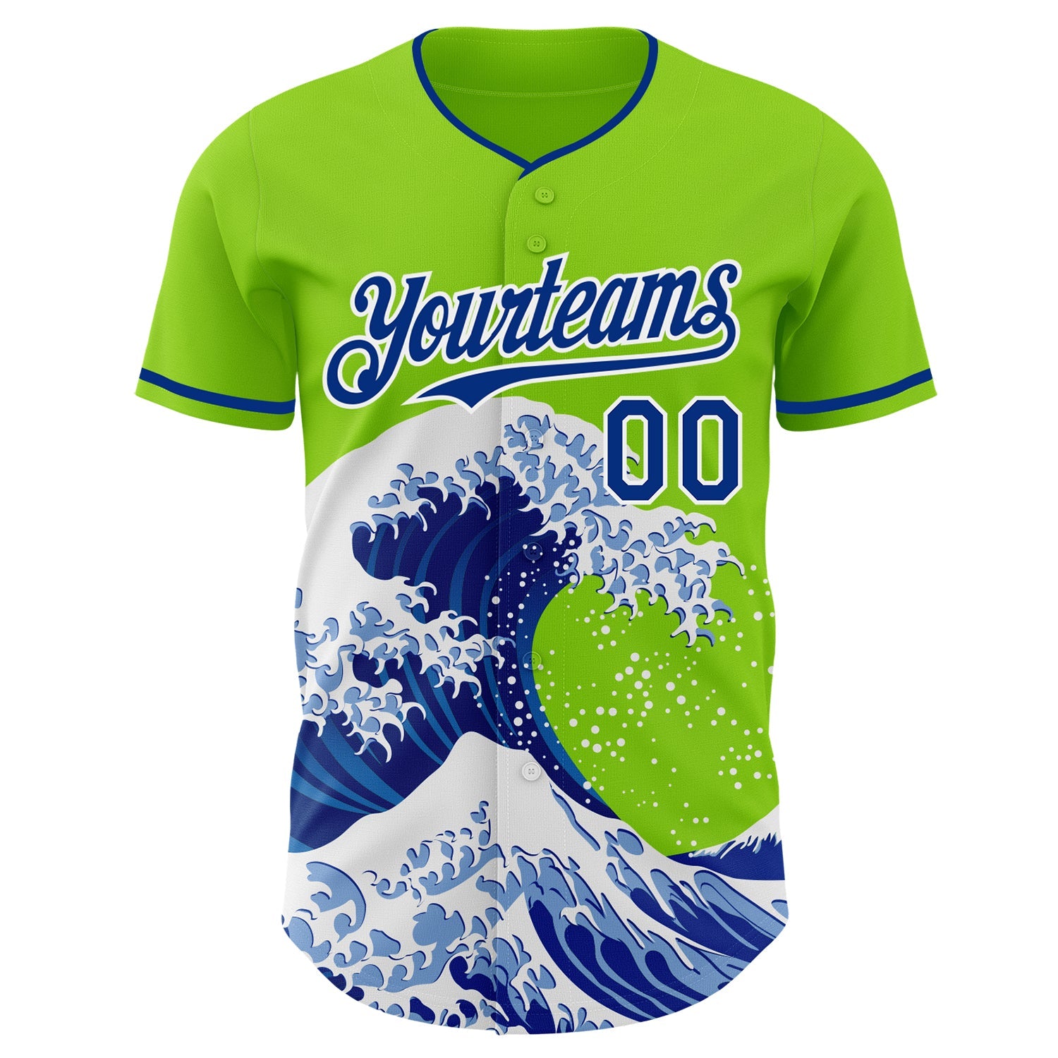 Custom Neon Green Royal-White Japanese Wave Authentic Baseball Jersey view 3