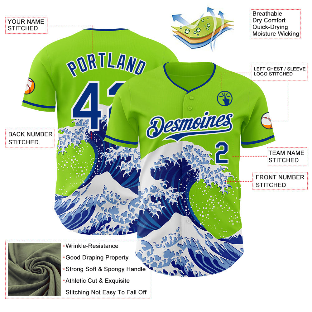 Custom Neon Green Royal-White Japanese Wave Authentic Baseball Jersey view 4