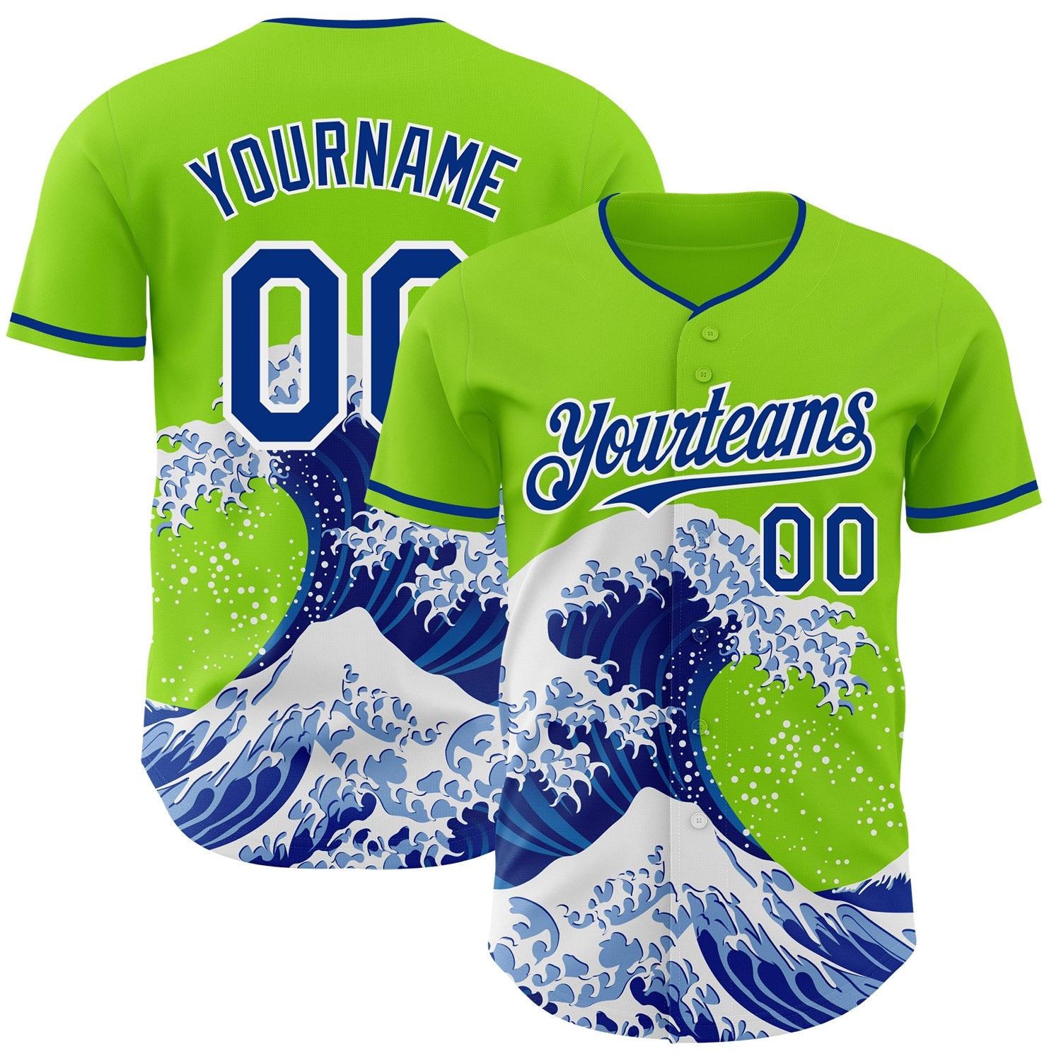 Custom Neon Green Royal-White Japanese Wave Authentic Baseball Jersey - Main View