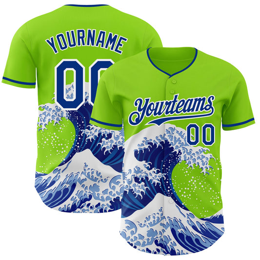 Custom Neon Green Royal-White Japanese Wave Authentic Baseball Jersey - Main View