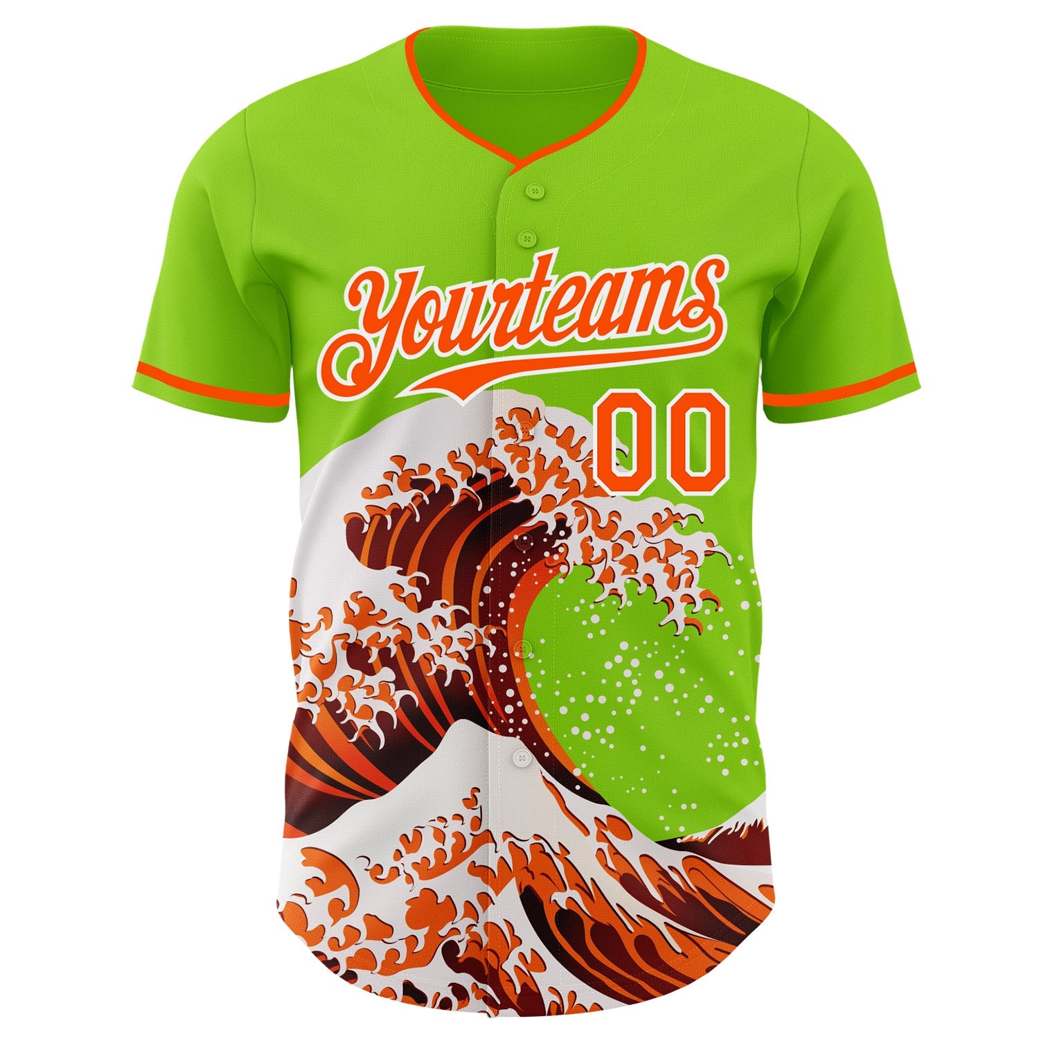 Custom Neon Green Orange-White Japanese Wave Authentic Baseball Jersey view 3