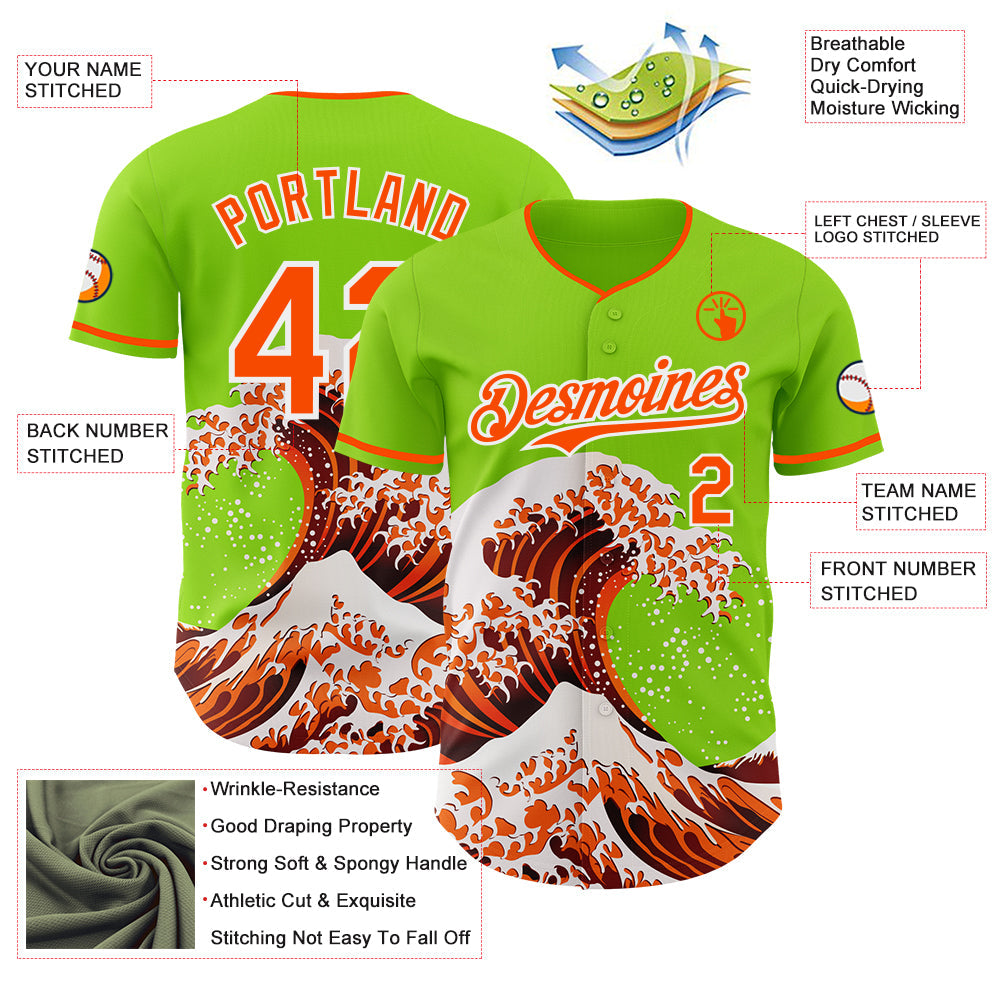 Custom Neon Green Orange-White Japanese Wave Authentic Baseball Jersey view 4