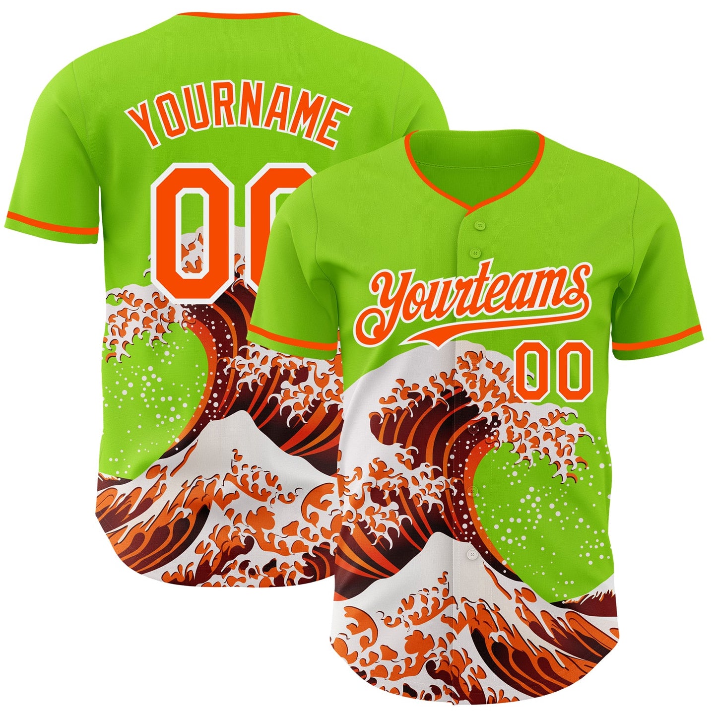 Custom Neon Green Orange-White Japanese Wave Authentic Baseball Jersey - Main View