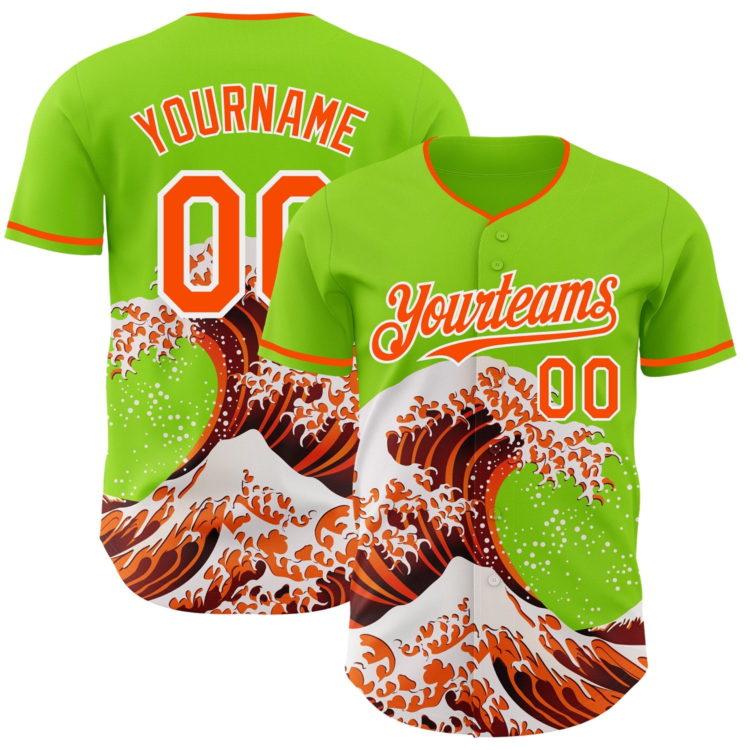 Custom Neon Green Orange-White Japanese Wave Authentic Baseball Jersey - Main View