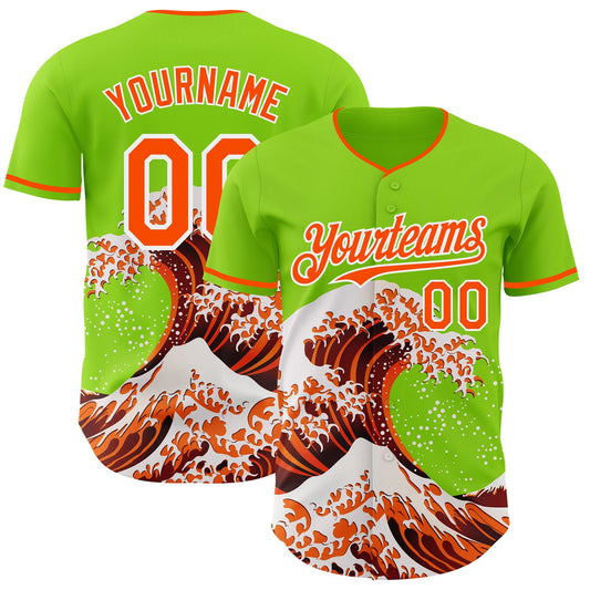 Custom Neon Green Orange-White Japanese Wave Authentic Baseball Jersey - Main View