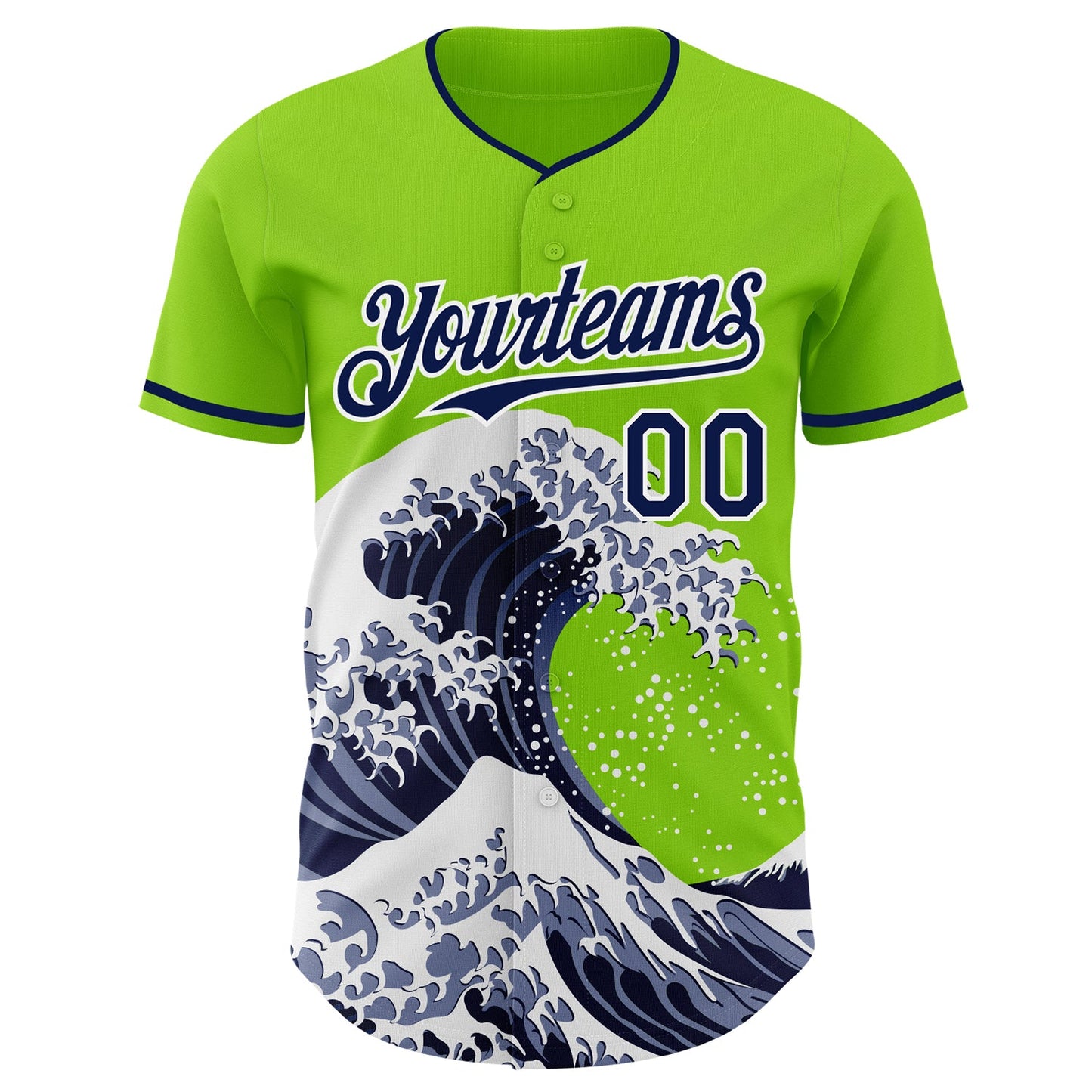 Custom Neon Green Navy-White Japanese Wave Authentic Baseball Jersey view 3