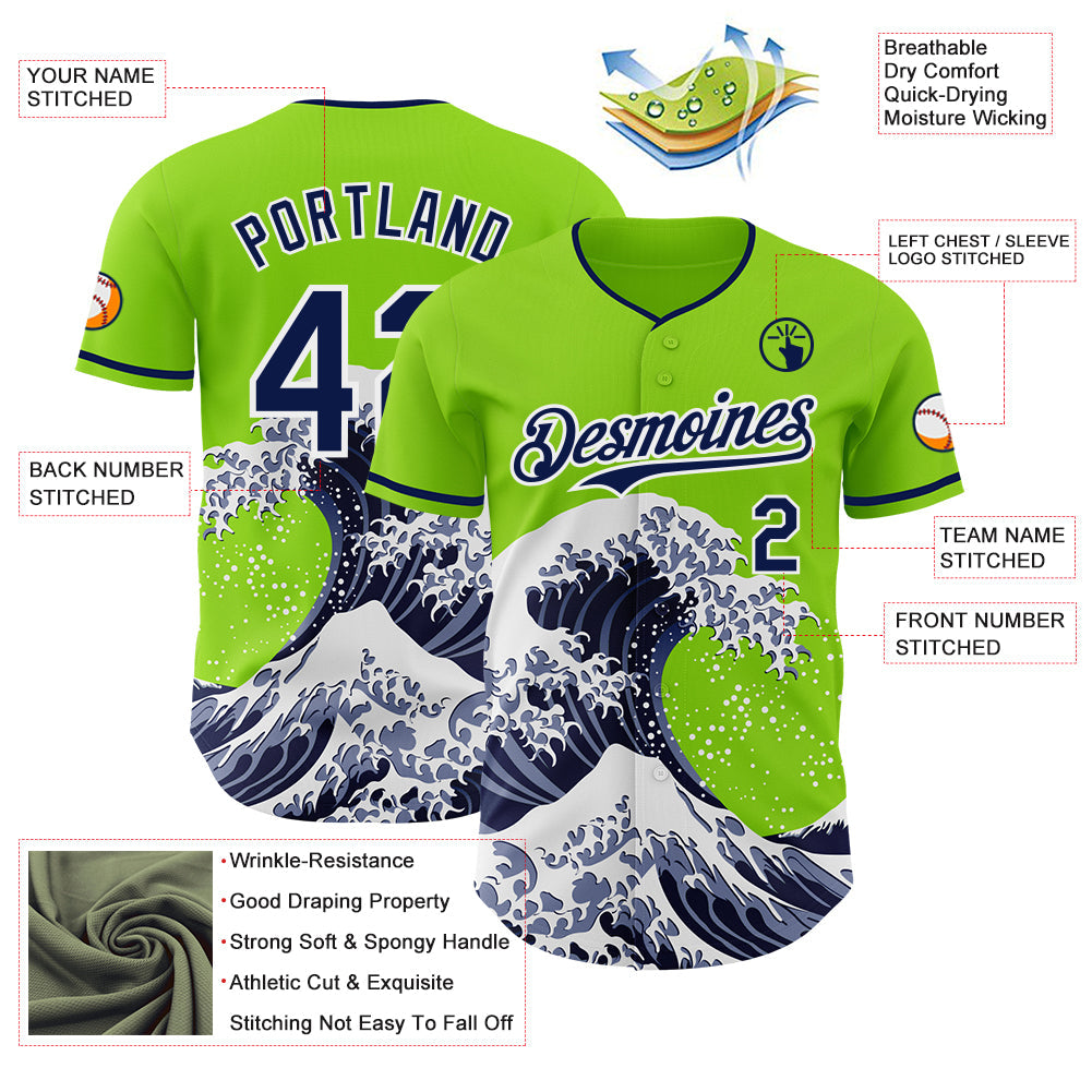 Custom Neon Green Navy-White Japanese Wave Authentic Baseball Jersey view 4