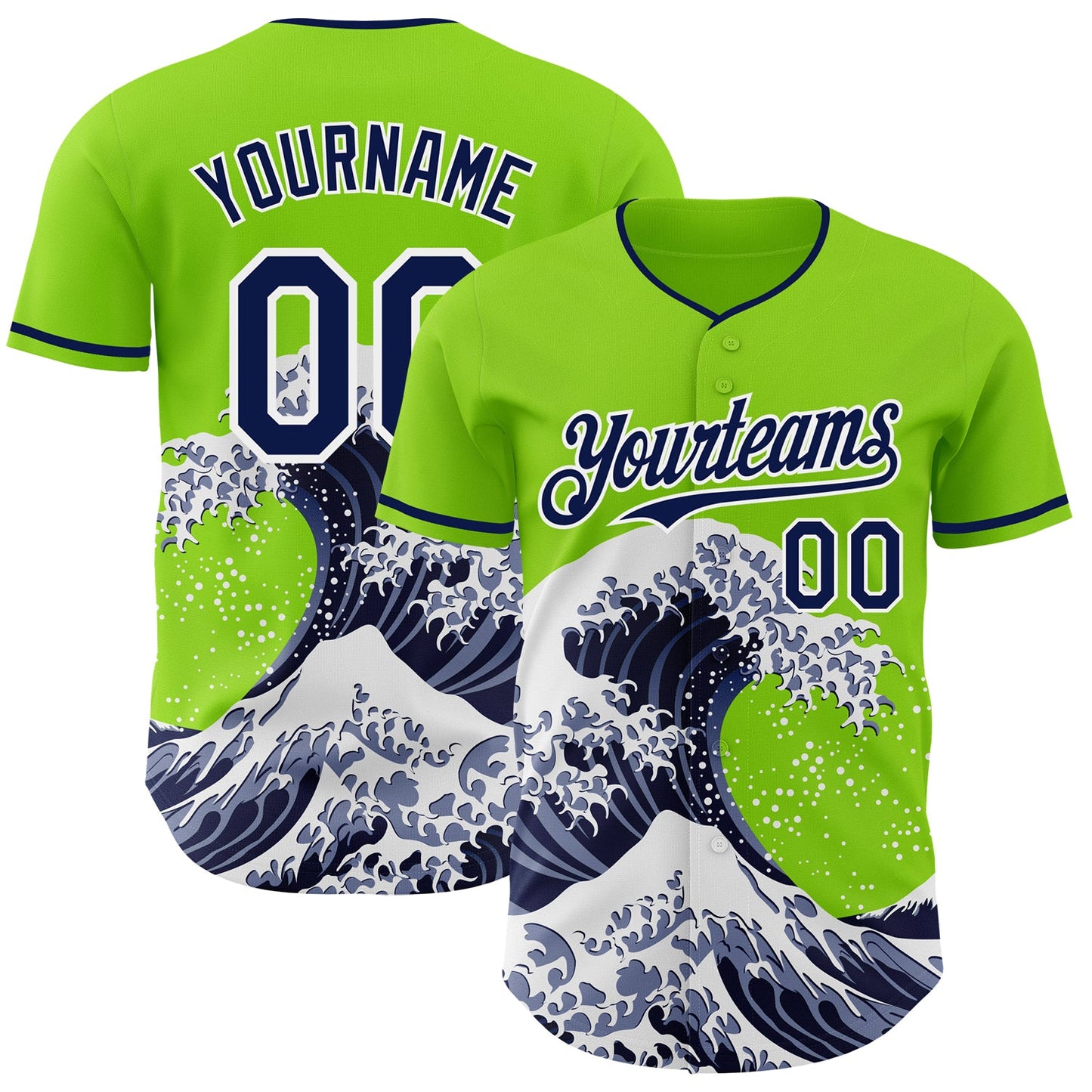 Custom Neon Green Navy-White Japanese Wave Authentic Baseball Jersey - Main View