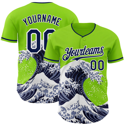 Custom Neon Green Navy-White Japanese Wave Authentic Baseball Jersey - Main View