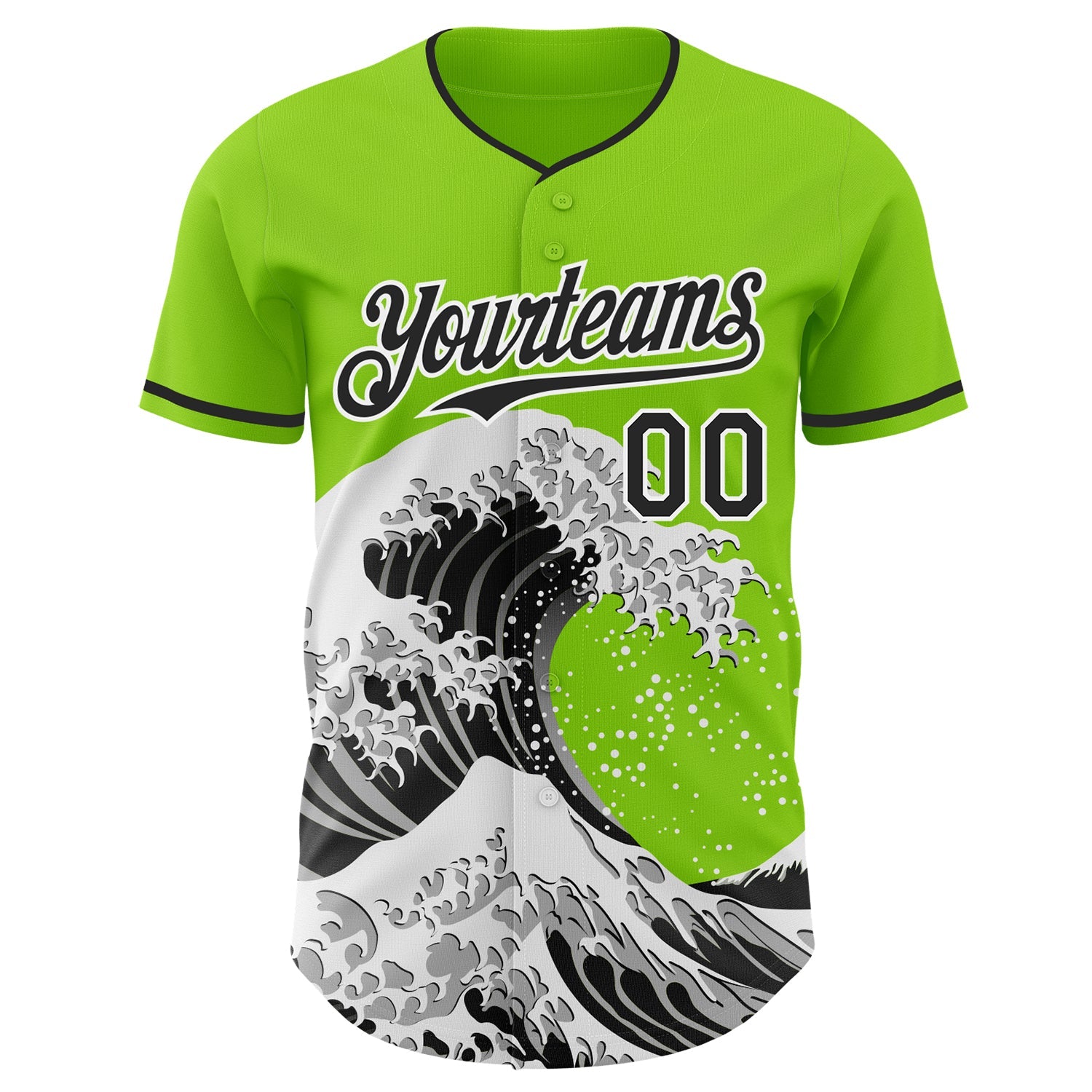 Custom Neon Green Black-White Japanese Wave Authentic Baseball Jersey view 3