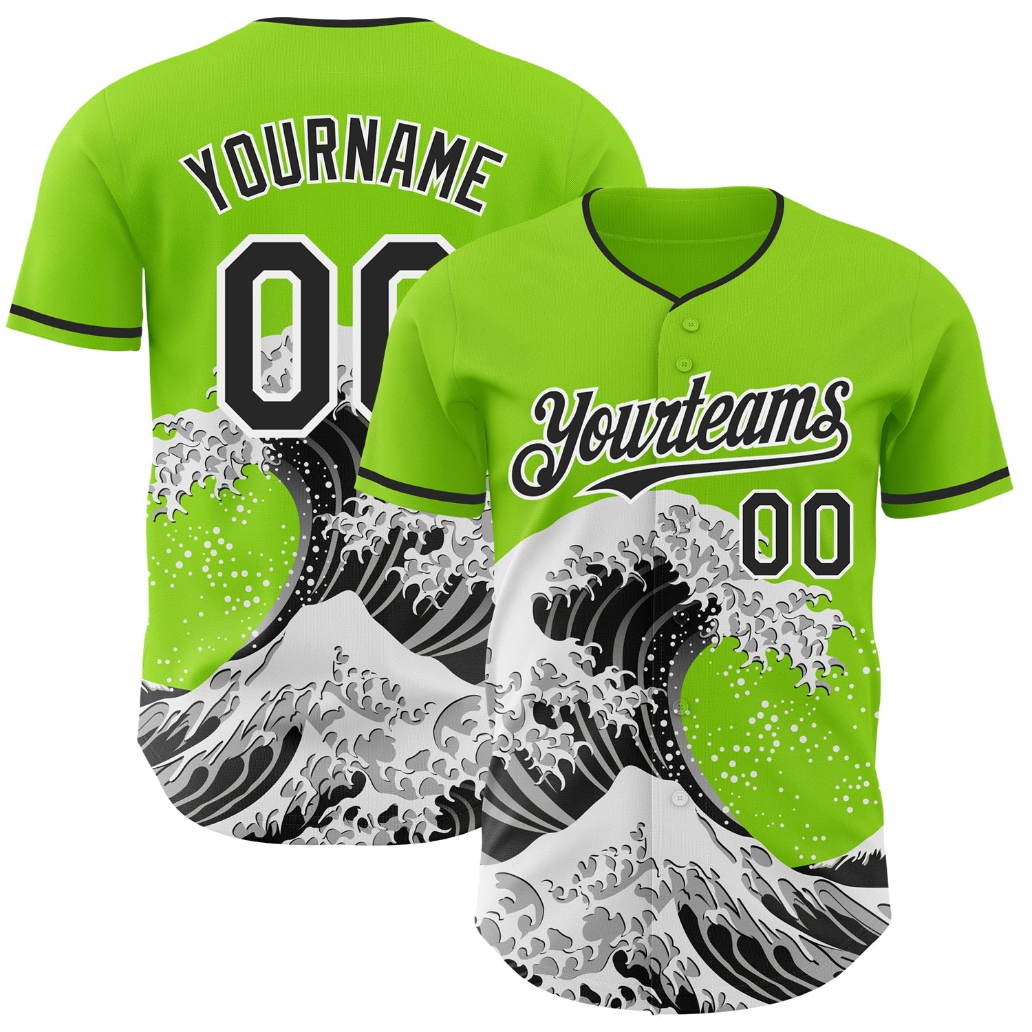 Custom Neon Green Black-White Japanese Wave Authentic Baseball Jersey - Main View