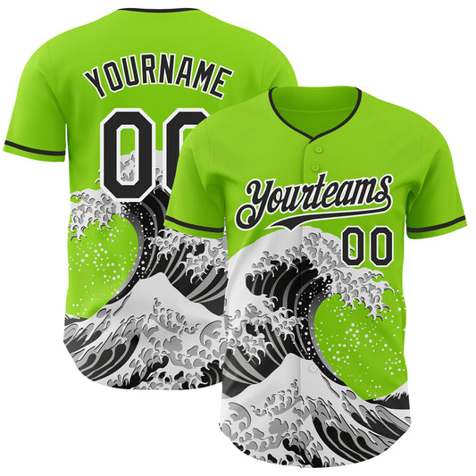 Custom Neon Green Black-White Japanese Wave Authentic Baseball Jersey - Main View