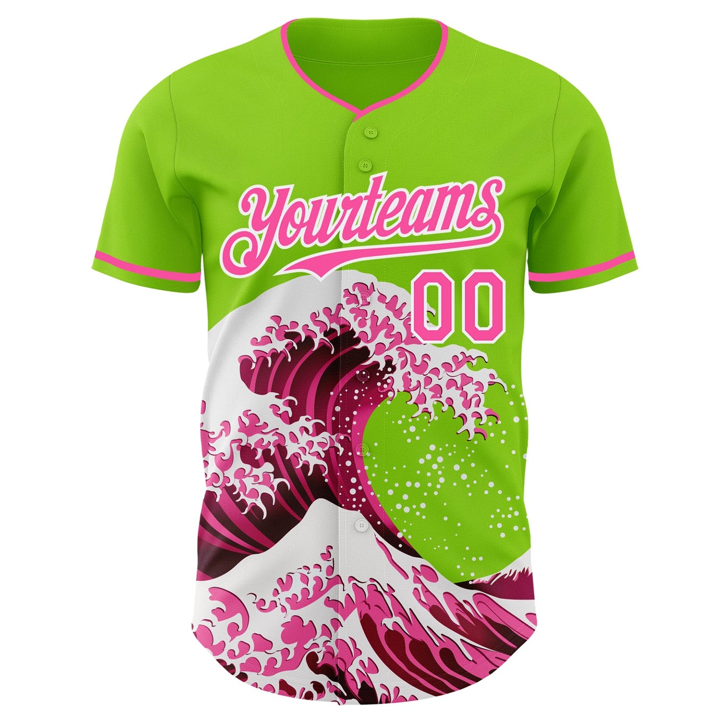 Custom Neon Green Pink-White Japanese Wave Authentic Baseball Jersey view 3
