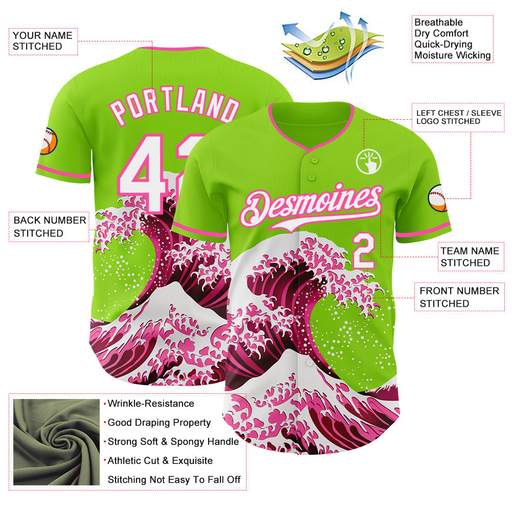 Custom Neon Green Pink-White Japanese Wave Authentic Baseball Jersey view 4