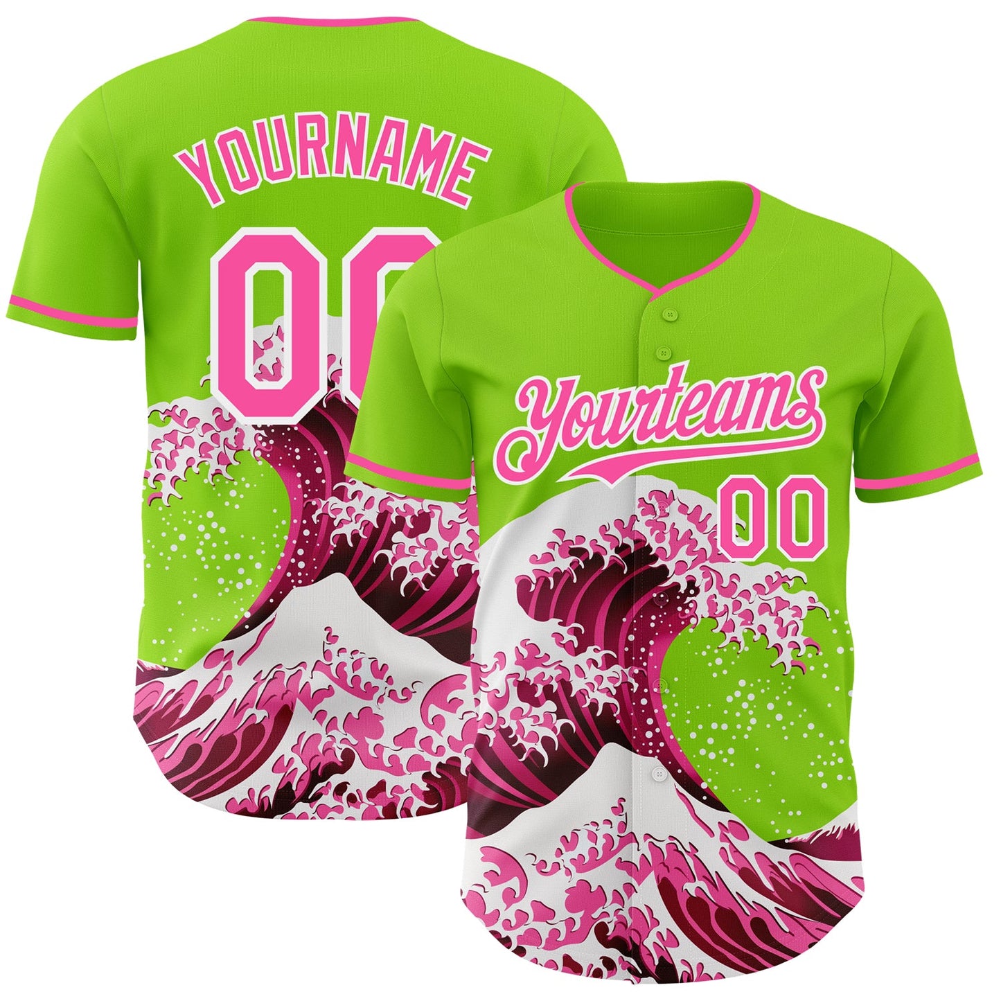Custom Neon Green Pink-White Japanese Wave Authentic Baseball Jersey - Main View