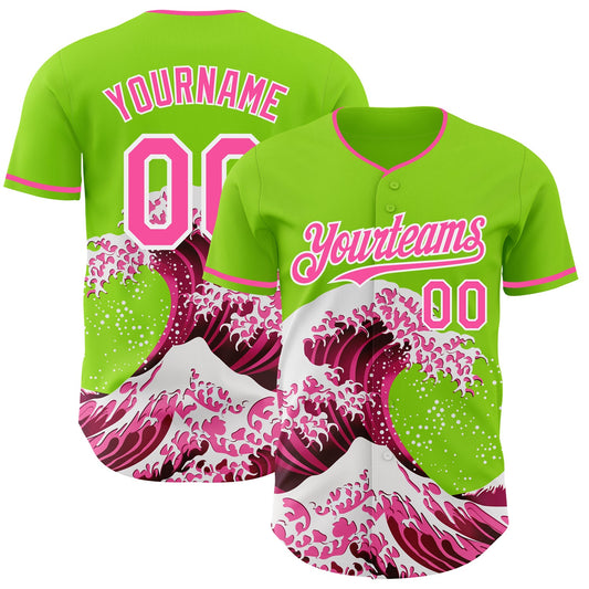 Custom Neon Green Pink-White Japanese Wave Authentic Baseball Jersey - Main View