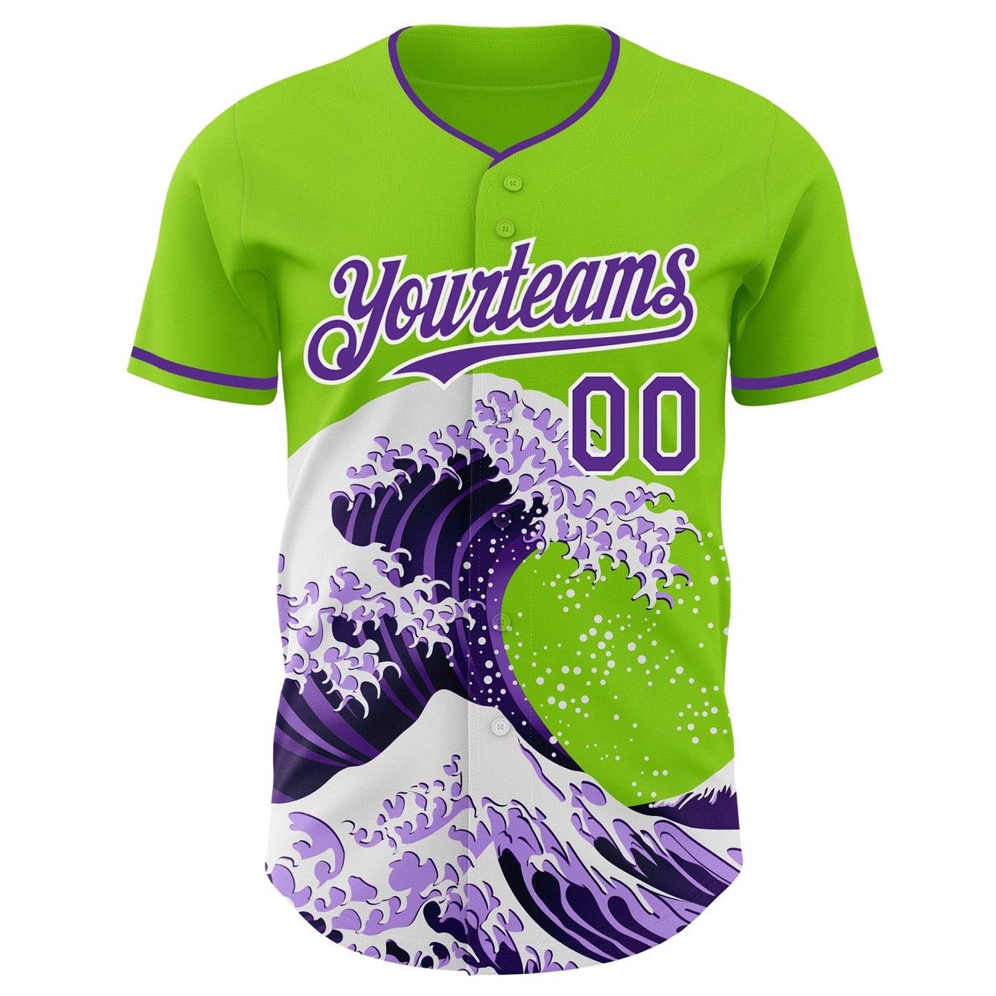 Custom Neon Green Purple-White Japanese Wave Authentic Baseball Jersey view 3