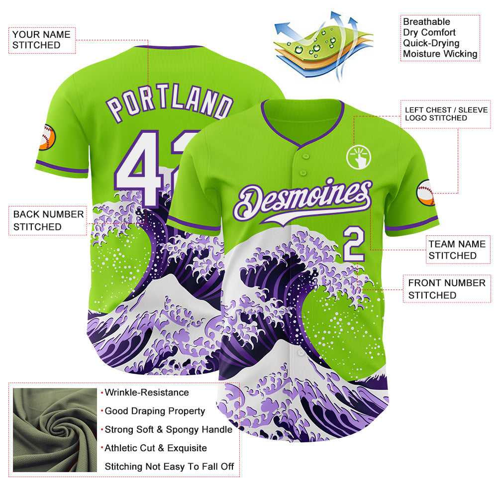 Custom Neon Green Purple-White Japanese Wave Authentic Baseball Jersey view 4