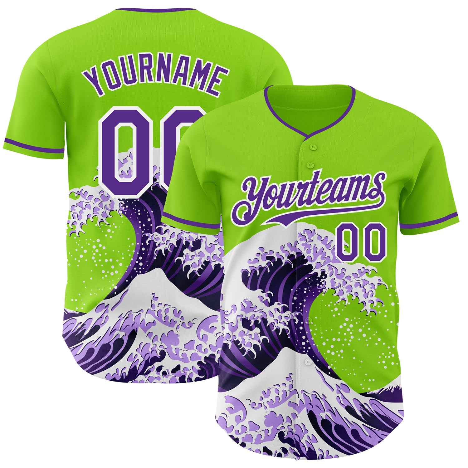 Custom Neon Green Purple-White Japanese Wave Authentic Baseball Jersey - Main View