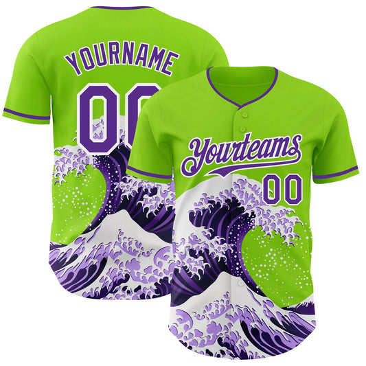 Custom Neon Green Purple-White Japanese Wave Authentic Baseball Jersey - Main View