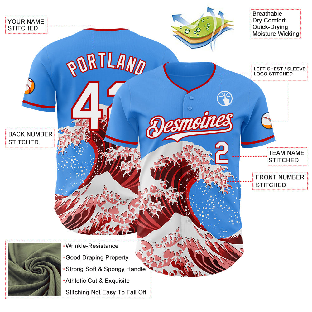 Custom Electric Blue White-Red Japanese Wave Authentic Baseball Jersey view 4
