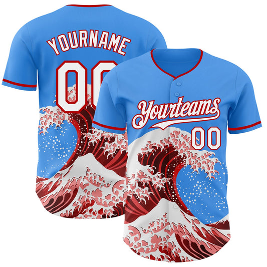 Custom Electric Blue White-Red Japanese Wave Authentic Baseball Jersey - Main View