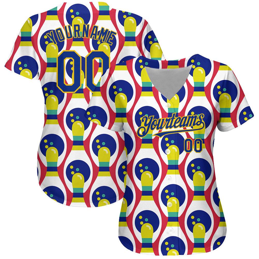 Custom White Royal-Yellow 3D Pattern Design Bowling Authentic Baseball Jersey view 2