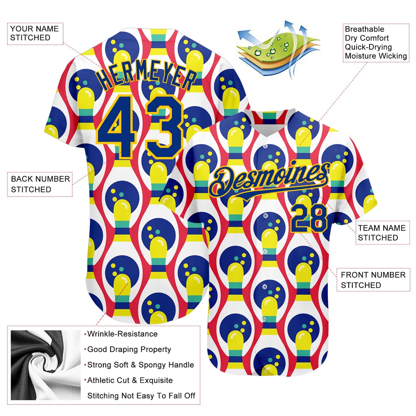 Custom White Royal-Yellow 3D Pattern Design Bowling Authentic Baseball Jersey view 3